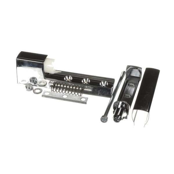 A set of metal and plastic hinge components, including a spring, screws, washers, and bracket parts, laid out on a white background.