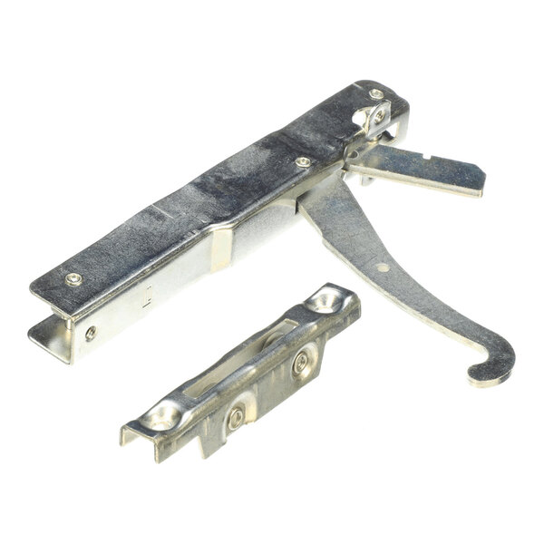 A metal hinge mechanism with a curved lever and a separate mounting bracket, both made of silver-colored metal.