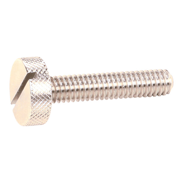 A metal screw with a knurled, slotted head and threaded shaft.