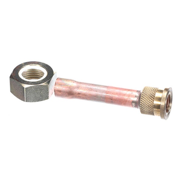 A short metal tube with a hexagonal nut on one end and a knurled fitting on the other, likely used for connecting components in a mechanical or HVAC system.