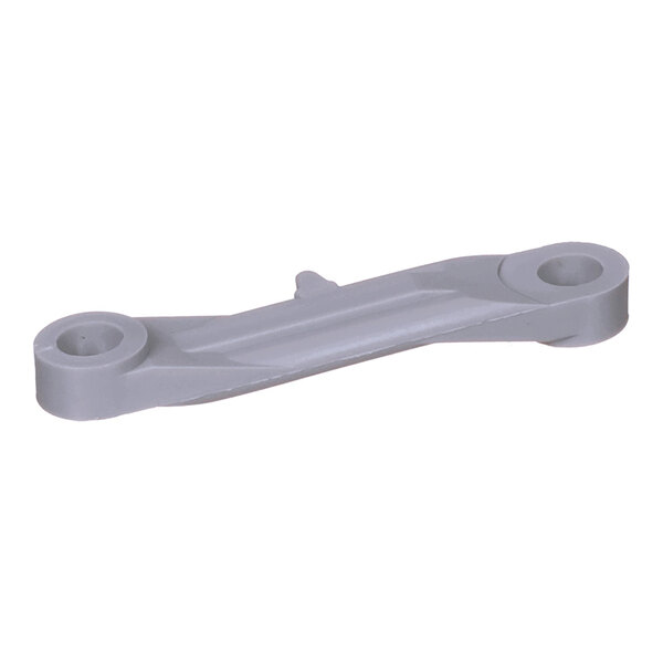 A gray, flat, elongated plastic or metal component with circular holes at each end and a slight ridge along its length.