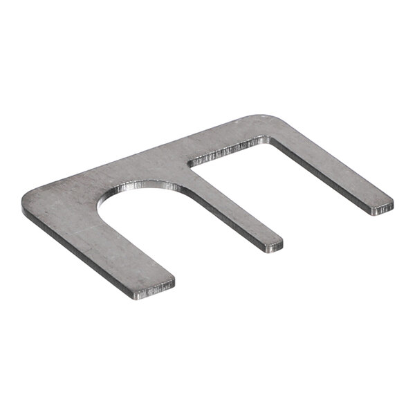 A flat, metallic bracket with two prongs and a U-shaped cutout, likely used for mechanical or structural support.