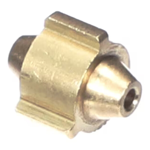 A small, brass, cylindrical component with a conical tip and a central hole, likely a precision-machined part.