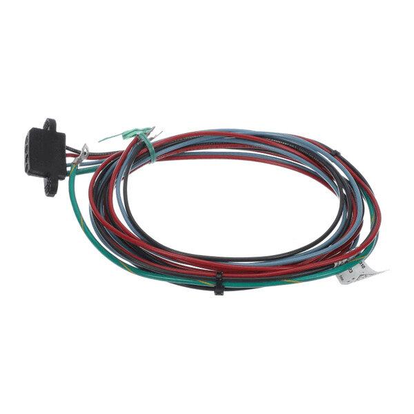A coiled bundle of multicolored wires attached to a black connector plug.