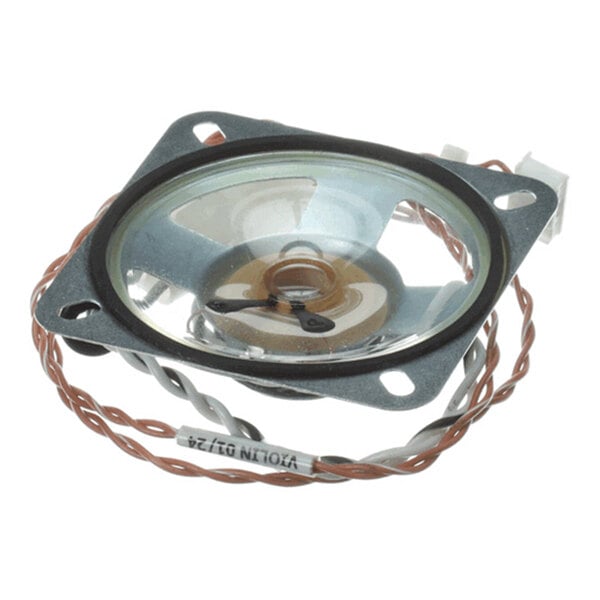 A small round electronic speaker with a metal frame, clear diaphragm, and attached twisted wires ending in a white connector.