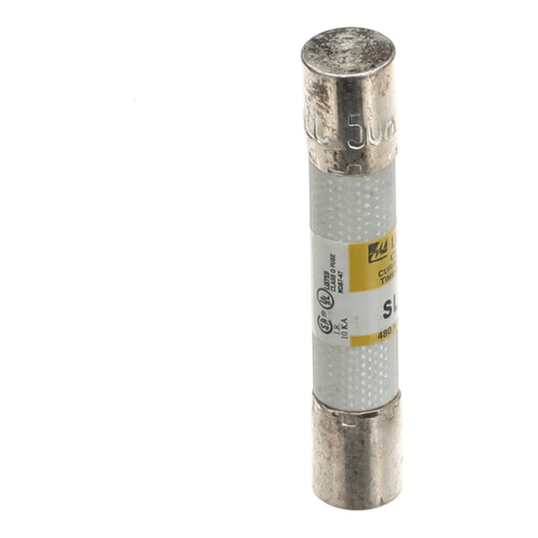 A cylindrical fuse with metallic ends and a labeled white body.