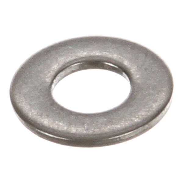 A metallic, flat, circular washer with a central hole.