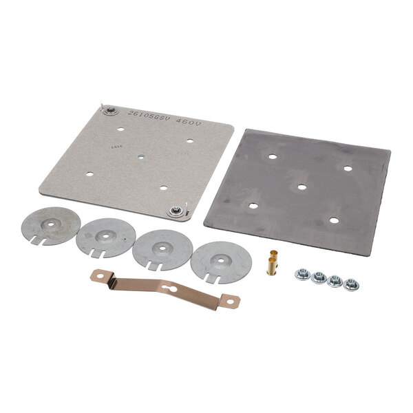 A set of metal plates, washers, a bracket, a small brass fitting, and several nuts arranged on a white background.