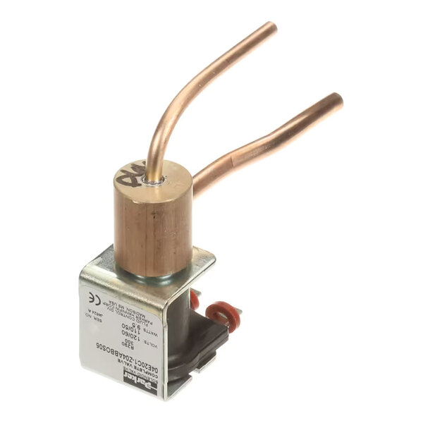A metal solenoid valve assembly with two curved copper tubes and an attached electrical component.