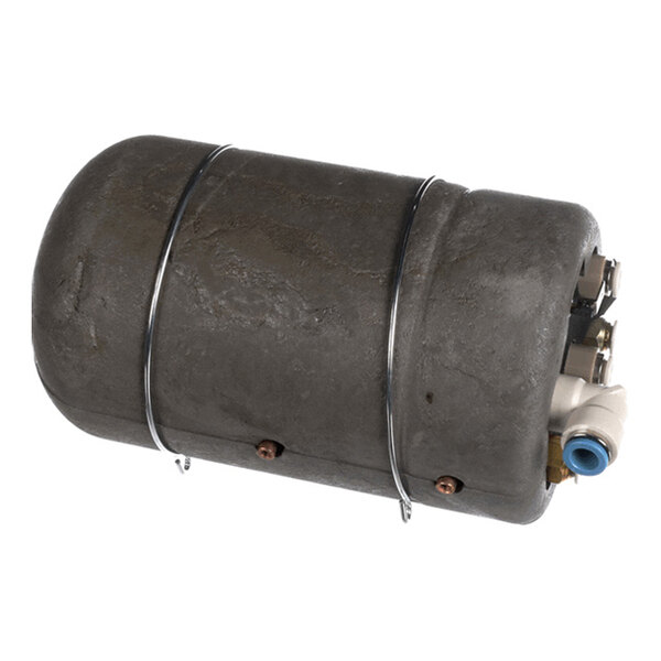 A cylindrical metal component with a rough, dark surface, metal bands, and various fittings and connectors on one end.