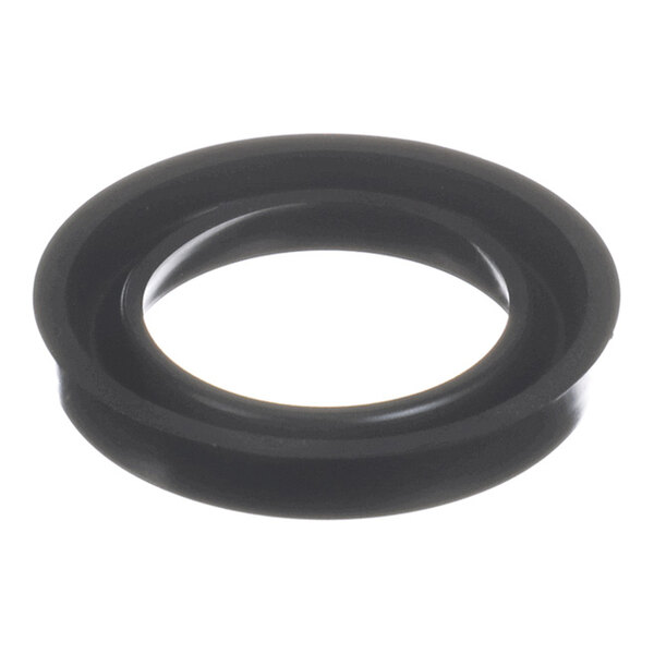 A black, circular rubber-like gasket with a flanged edge, shown against a white background.