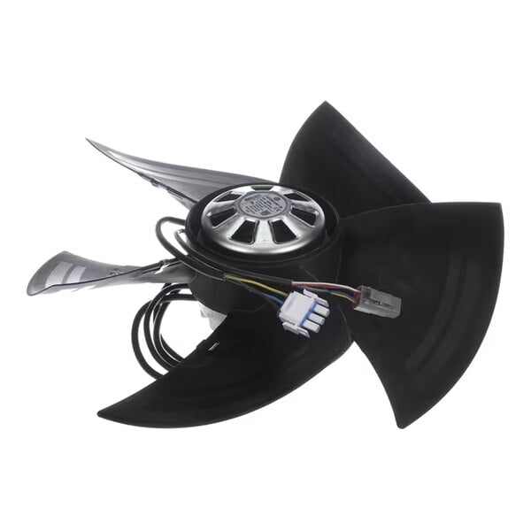 A four-blade black fan with an attached motor and electrical wiring, shown against a white background.