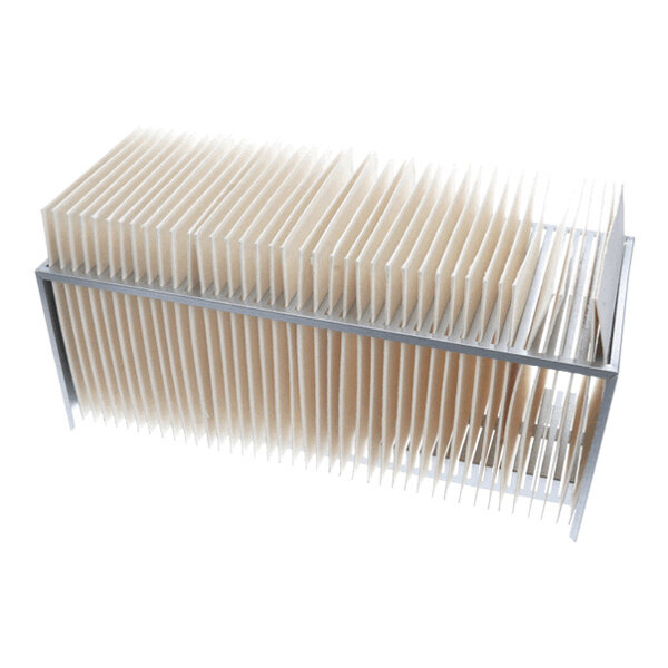 A rectangular object with multiple evenly spaced, vertical, white fins or panels held within a metal frame.