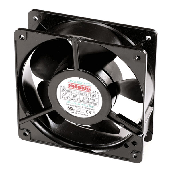 A black square cooling fan with a central label displaying technical specifications and mounting holes at each corner.