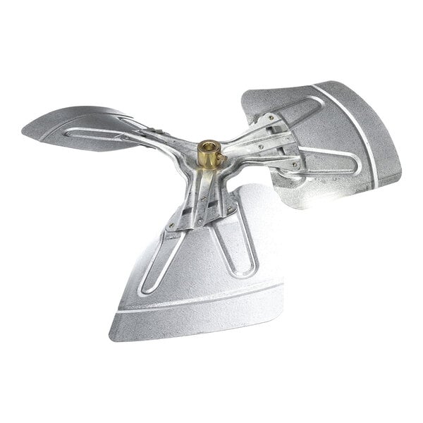A three-blade metallic fan wheel with a central brass hub, viewed against a white background.