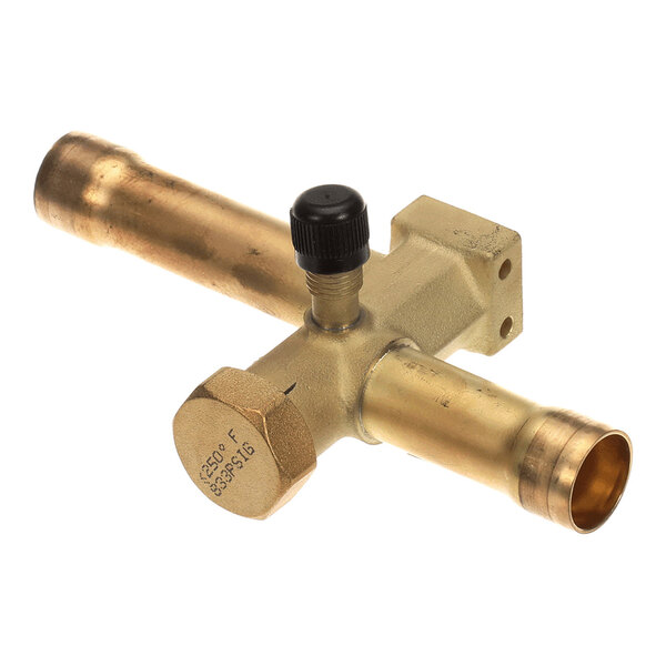 A brass valve component with two cylindrical pipe connections, a black plastic knob, and a hexagonal cap, photographed on a white background.