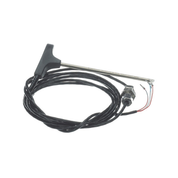A metal probe with a black handle attached to a long black cable, ending in exposed wires and a strain relief component.