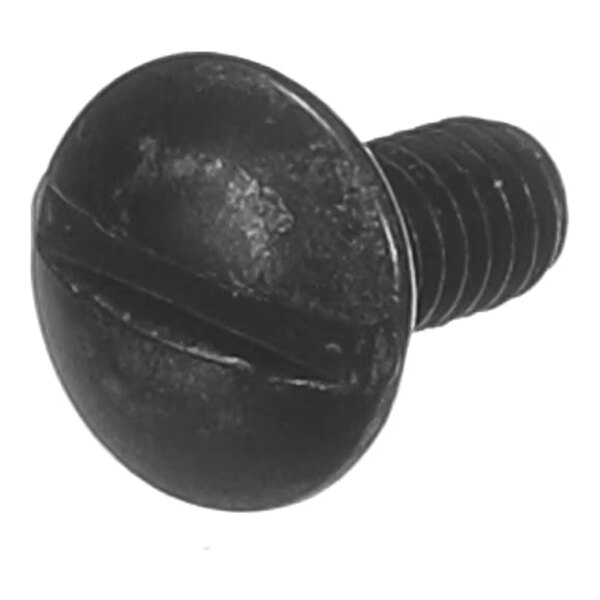 A black, round-head screw with a slotted drive and threaded shaft.
