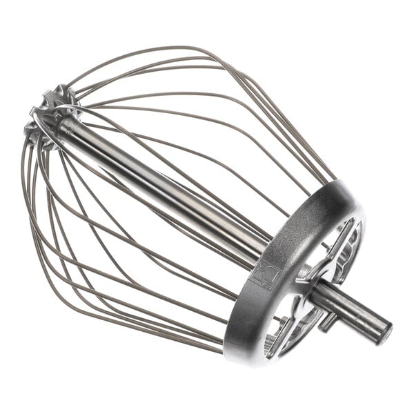 A metal wire whisk attachment with a cylindrical shaft and multiple thin wires forming a balloon shape.