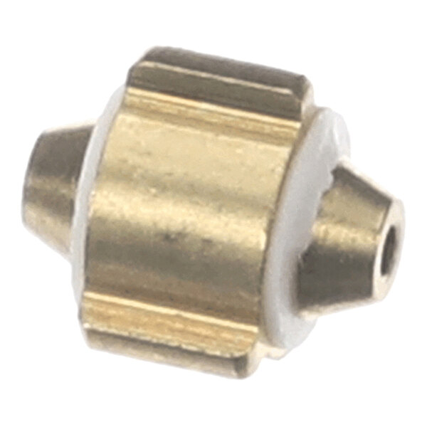 A small, cylindrical brass component with a white ring around its center and tapered ends, featuring a hole through one end.