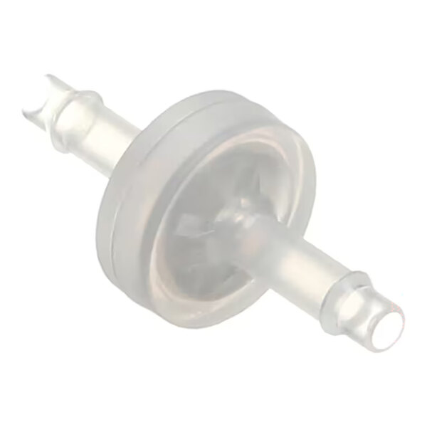 A translucent cylindrical in-line filter with barbed connectors on both ends and a circular central housing.