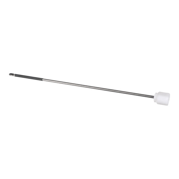 A long metal rod with a white cylindrical attachment on one end and a black tip on the other, resembling a stirrer or drive shaft component.