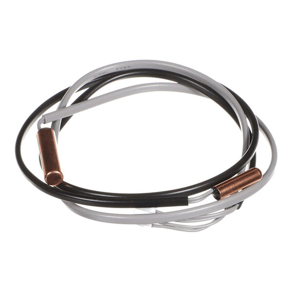 A coiled pair of wires with cylindrical copper-colored metal tips at each end.