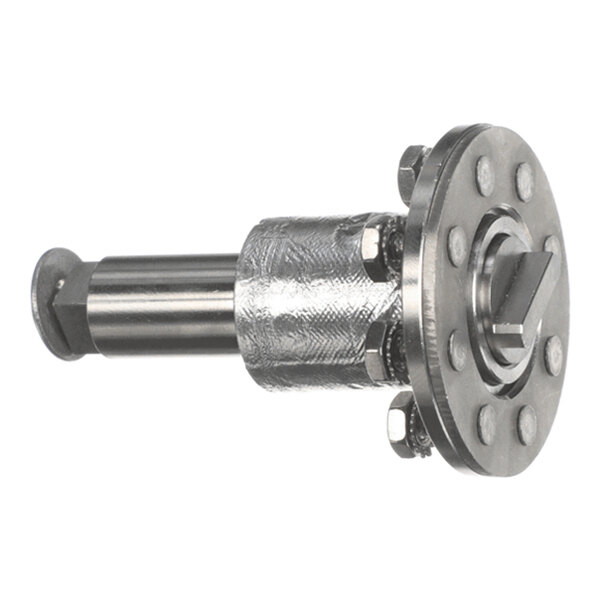 A metal mechanical component with a cylindrical shaft and a round flanged end secured by bolts.