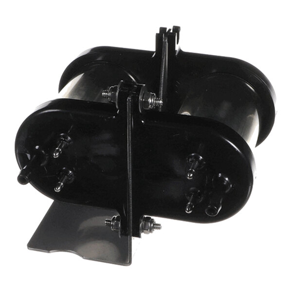 A black cylindrical mechanical component with multiple protruding metal connectors and mounting hardware.