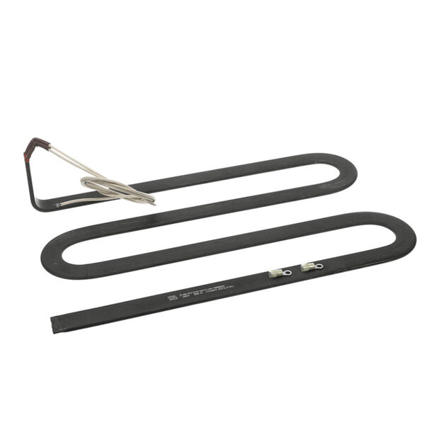 A black, elongated, serpentine-shaped heating element with metal connectors and attached wiring, displayed on a white background.