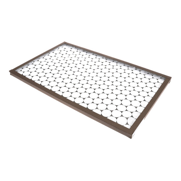 A rectangular filter with a brown frame and a white circular patterned mesh inside.