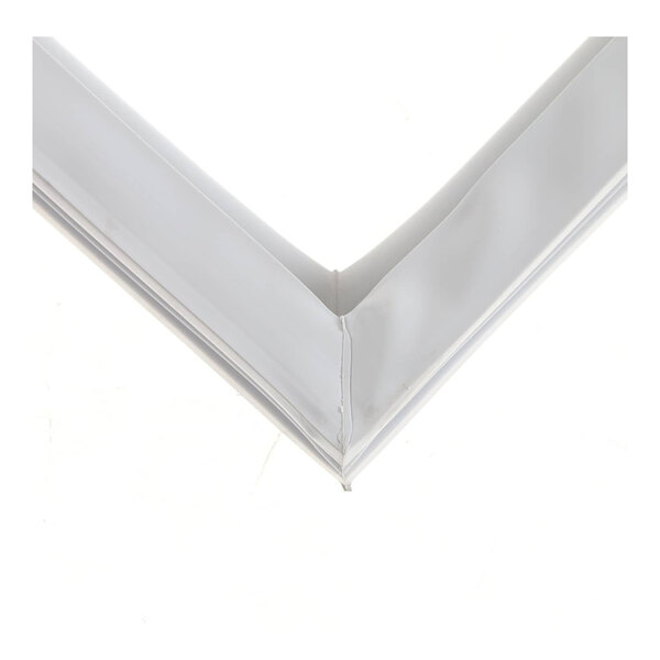 A close-up view of a white, flexible gasket with a corner seam, likely made of rubber or vinyl-like material.