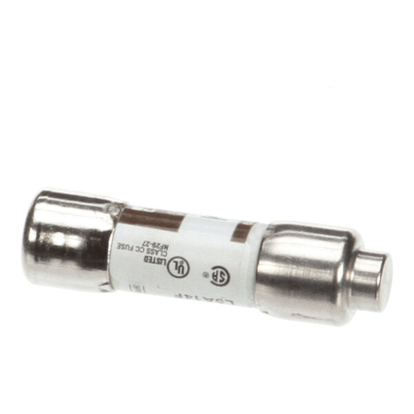 A cylindrical fuse with metallic end caps and a white label featuring certification markings.