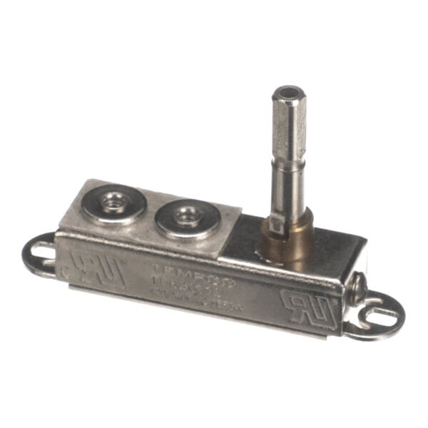 A small metallic component with two screw heads and a protruding cylindrical shaft, likely part of an adjustable mechanism.