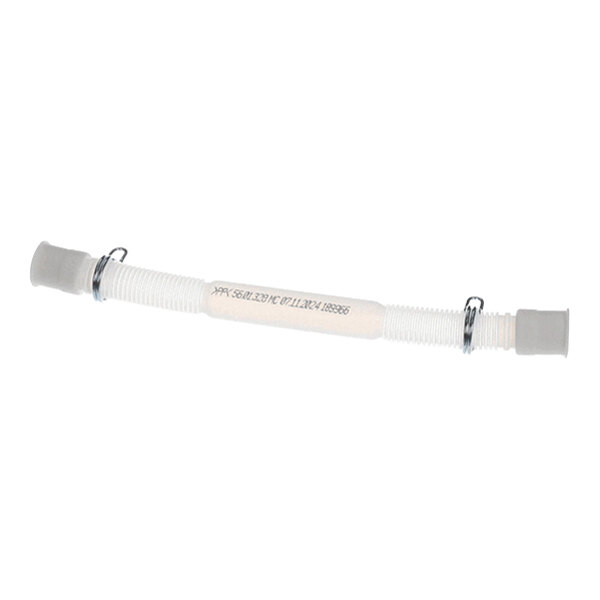 A flexible white hose with corrugated sections, metal clamps, and gray end caps.