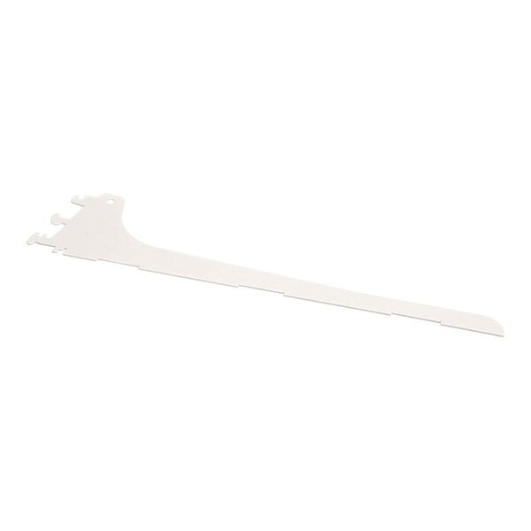 A single, flat, white metal bracket with a notched end and mounting holes, photographed on a white background.