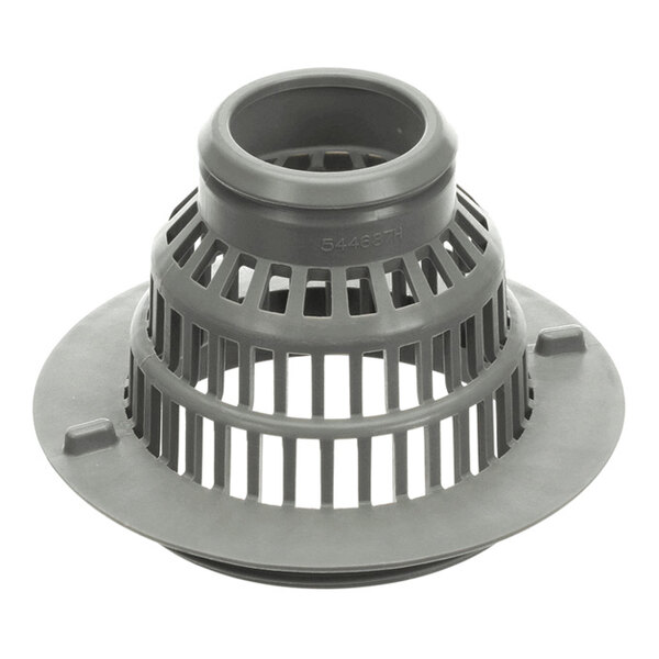 A gray, conical plastic filter with vertical slits and a wide circular base.