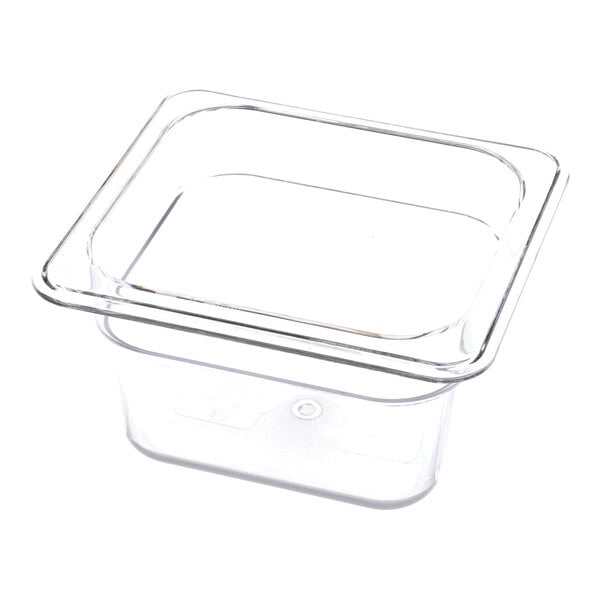 A clear, rectangular plastic container with a wide rim and straight sides.