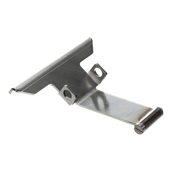 A metallic, angular component with two mounting holes and a cylindrical rod at one end.
