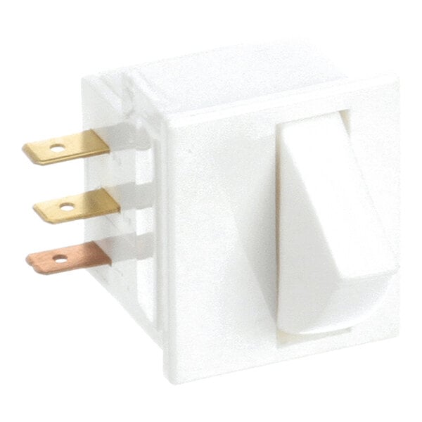 A white rectangular switch with three metal prongs and a rocker-style actuator.