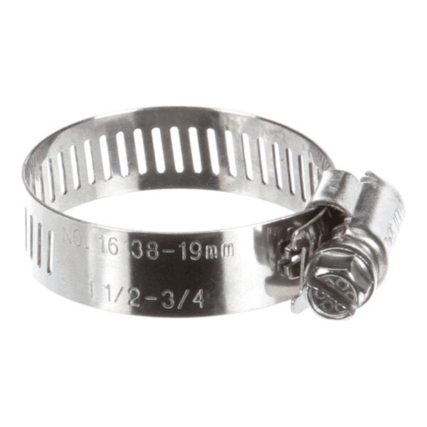 A metal hose clamp with a screw mechanism and slotted band, marked with size measurements.