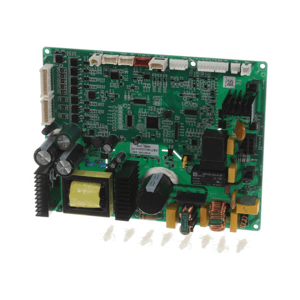 A green printed circuit board with various electronic components including capacitors, connectors, coils, and heat sinks.
