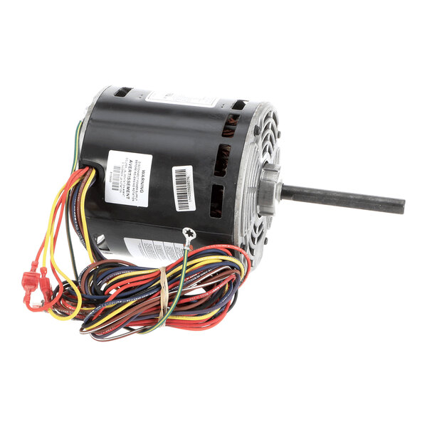 A cylindrical electric motor with a protruding shaft and multiple colored wires attached.