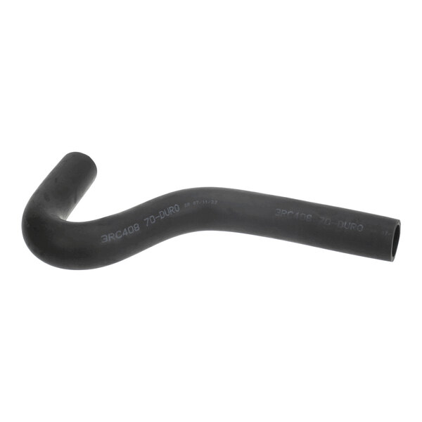 A black, curved rubber or plastic tube with printed text along its length, featuring multiple bends.