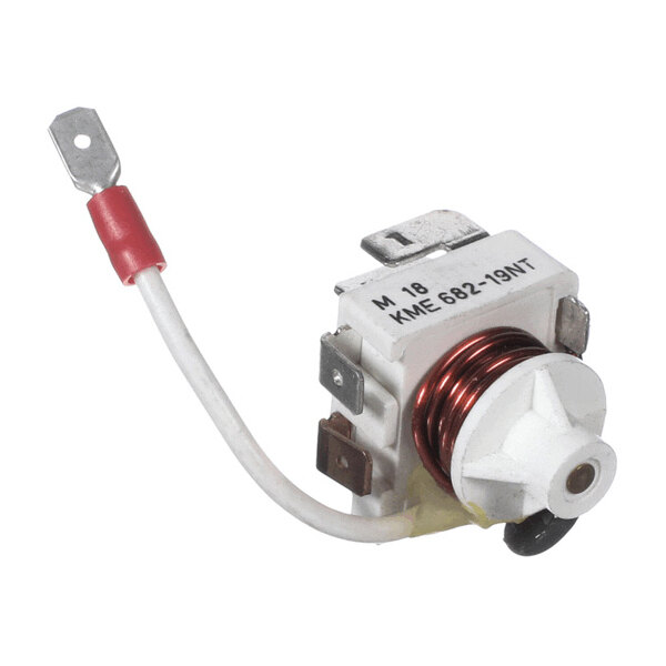 A small electrical relay with a white plastic body, copper coil, metal terminals, and an attached white wire with a metal connector.