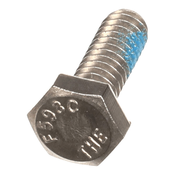 A metal hex bolt with thread-locking compound visible as a blue patch on the threads.