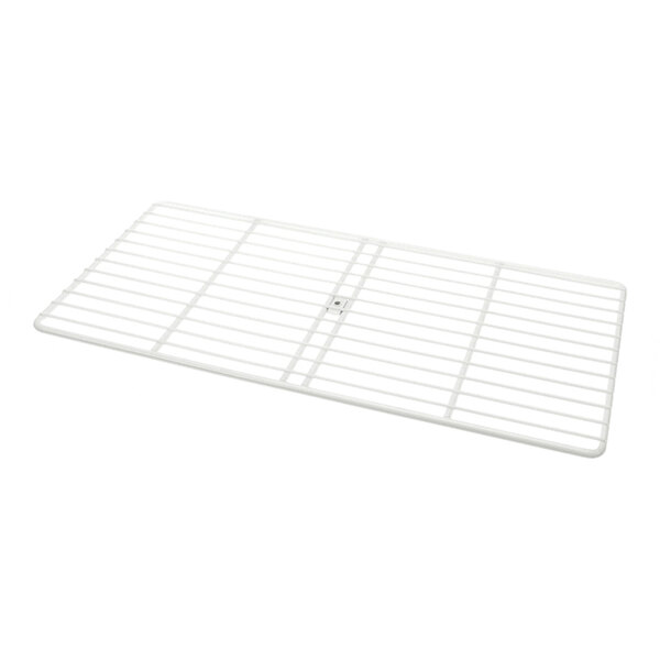 A rectangular white wire shelf with evenly spaced bars and a small central bracket.