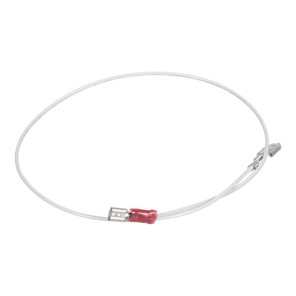 A thin, white wire loop with metal connectors and a red insulated section on one end.