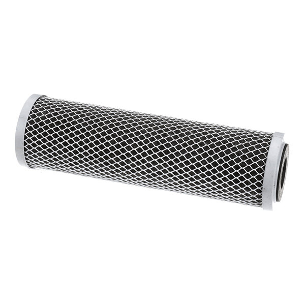 A cylindrical filter cartridge with a mesh-like outer layer and solid end caps.