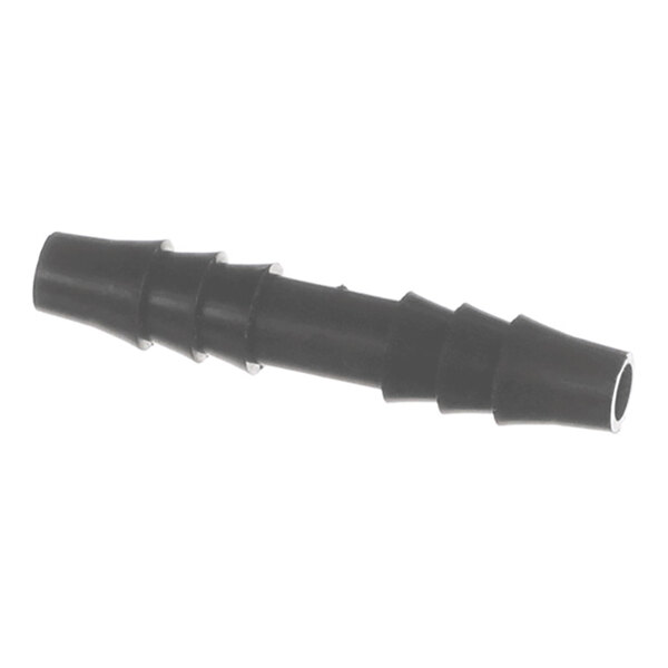 A black, cylindrical, ribbed plastic connector with tapered ends, likely used for joining hoses.